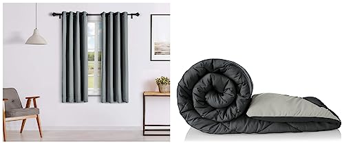 Image of Amazon Brand - Solimo Microfibre Reversible Comforter, Single (Pale Grey & Steel Grey, 200 GSM) Room Darkening Blackout Window Curtain, 5 Feet, Set of 2