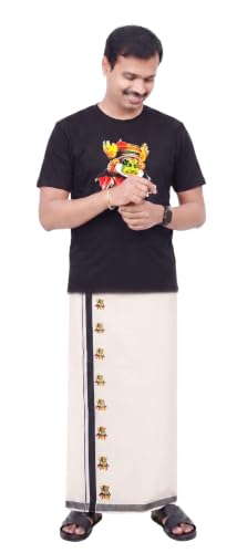 Image of Mens Print along with Border 100% Cotton Cream Dhoti 4.00 Meters Double Mundu /Vesti