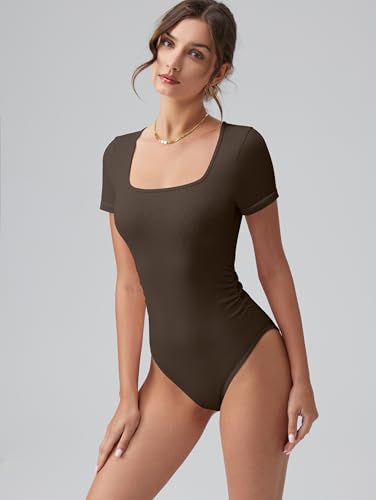 Image of OQQ Women Bodysuits Ruched Short Sleeve Square Neck Stretch Lounge Travel Bodysuits