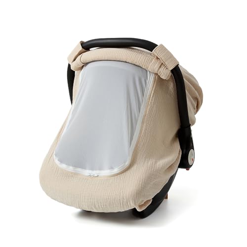 Image of Muslin Cotton Baby Car Seat Cover for Boys and Girls, Summer Baby Car Seat Covers Infant Car Seat Canopy with Breathable Mesh Window Windproof Carseat Cover for Babies (Khaki)