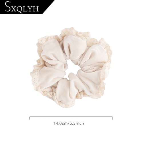 SXQLYH Velvet Elastics Hair Bobbles Lace Hair Scrunchies Thick Soft Comfortable Velvet Hair Scrunchies Ponytail Holder Winter Hair Bobble for Women Thick Long Hair (Beige) - Image 2