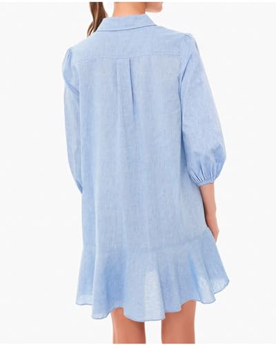 Women Button Down Dress Casual 3/4 Puff Sleeve Cotton Linen Dress Flowy Ruffle Hem Tunic Shirt Dresses3
