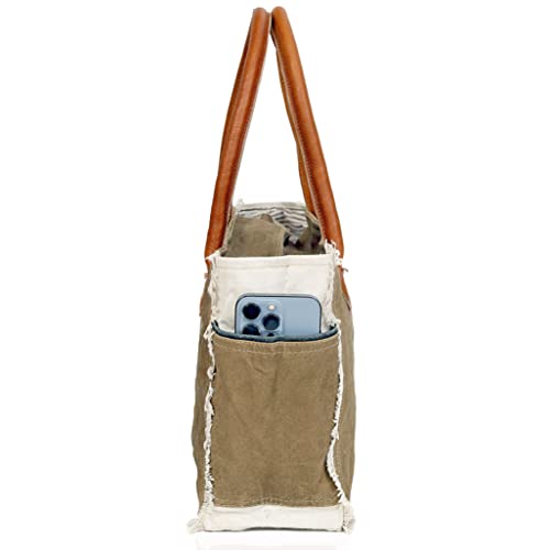 Cla Bags Sel De Mer Upcycled Canvas Small Handbag Tote Bag Radiant Cowhide Leather Crossbody Bag (Khaki) #TOP3