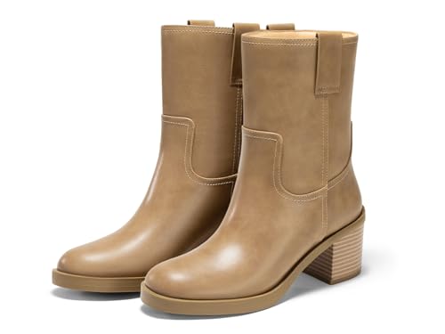 Coutgo Womens Platform Mid Calf Boots Chunky Block Heel Round Toe Boots Fall Winter Shoes