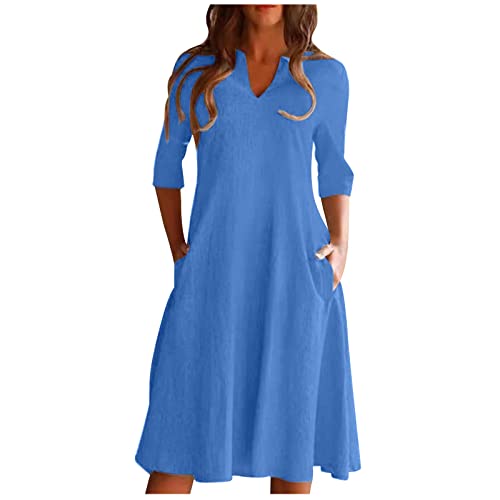 Vestidos femininos verão outono manga 3/4 decote em V linho midi com capuz vestidos femininos 2023 Y