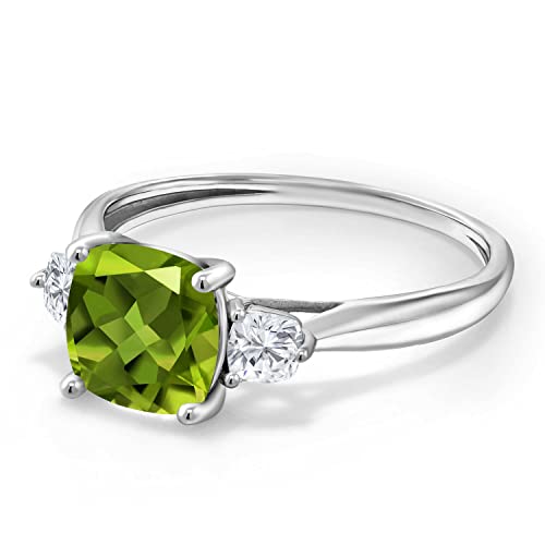 Gem Stone King 1.96 Cttw 10K White Gold Green Peridot and White Moissanite 3-Stone Engagement Ring | Cushion 7MM and 3MM | 3 Stone Wedding Anniversary Promise Ring For Women4