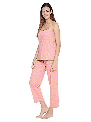 Image of Clovia Women's Cotton Printed Cami Top & Pyjama Set - Pink