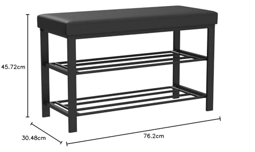 Image of Entryway Shoe Rack with Cushioned Seat, Shoe Bench for Entry, 2 Shelves Storage Faux Leather Top Bed Bench, Black