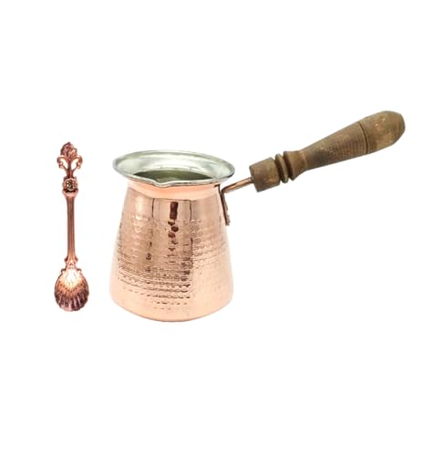 Caffettiera Ibrik Cezve In Rame Inciso A Mano - Pentolino Turco Per Caffè, Con Manico In Legno E Rivestimento In Stagno Alimentare, Capacità 400 Ml (5 Tazze), Modello Tipo 28 - 2