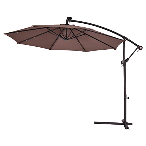 Walnut 10' Hanging Solar Led Umbrella Patio Sun Shade Offset Market W/Base Tan Solar Powered Offset Umbrella With Cross Base #TOP5
