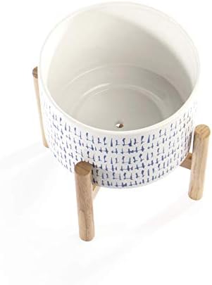 Maison & White Ceramic Plant Pot with Bamboo Stand | Succulents & Flowers Decorative Pot | Home Decor Gift | Round Indoor & Outdoor | Ceramic Vase | M&W