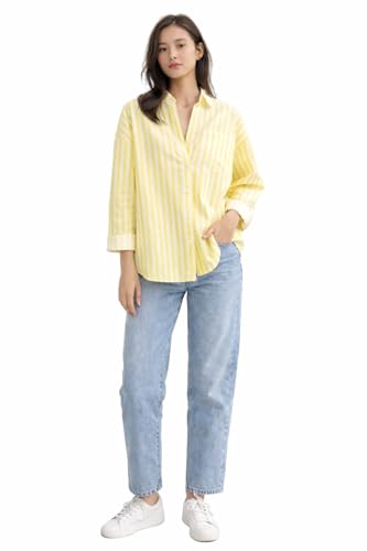 Image of Women's Yellow & White Striped Oversized Cotton Shirt | Casual Long Sleeve Collared Button-Down Top, Premium Fabric