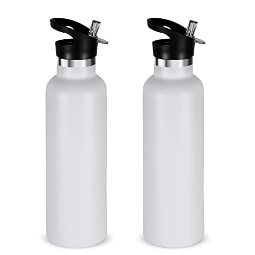 Volhoply 750ml Insulated Water Bottles Bulk 2 Pack,Stainless Steel Double Wall Sport Bottle with Straw Lid,Metal Reusable Cup with Hand Cap for School,Cyclists,Hikers,Gift (White