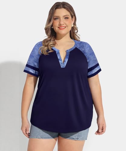 Image of CARCOS Plus Size Tops for Women Short Sleeve Summer Pullover Color Block Crewneck /V Neck Tee Tunic Loose Fit Tshirts XL-5XL