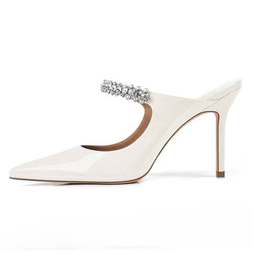 XINIUNIU Heeled Mules for Women Rhinestone Heels Pointed Toe Slip On 4 Inch Stiletto Closed Toe Sandals Dress Wedding Pump Shoes