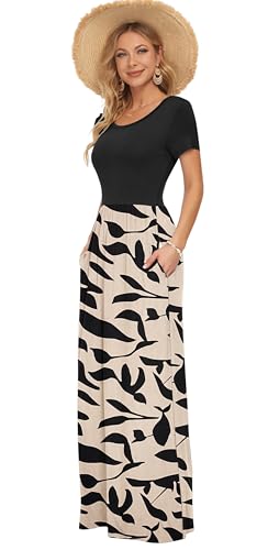 AUSELILY Damen Kurzarm Sommer Casual Long Maxi Kleider mit Taschen Schwarz Blätter M – Ansicht 4