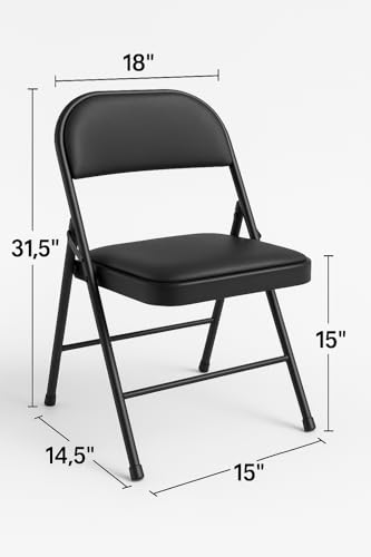 Image of MLU Heavy Duty Metal Folding Chair with Padded Seat & Backrest, Black, Cushioned Portable with Anti-Skid Feet, Strong Steel Frame