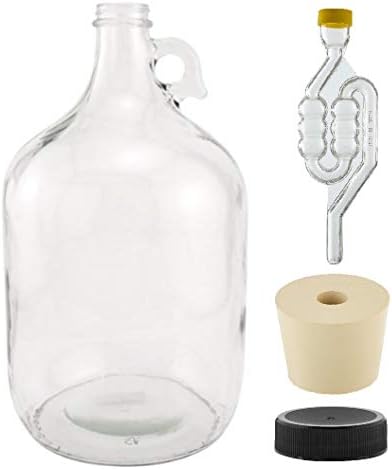 North Mountain Supply - 1G-38-ST-TB-1 1 Gallon Glass Fermenting Jug with Handle, 6.5 Rubber Stopper, Twin Bubble Airlock, Black Plastic Lid (Set of 1)