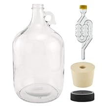 North Mountain Supply - 1G-38-ST-TB-1 1 Gallon Glass Fermenting Jug with Handle, 6.5 Rubber Stopper, Twin Bubble Airlock, Black Plastic Lid Set of 1
