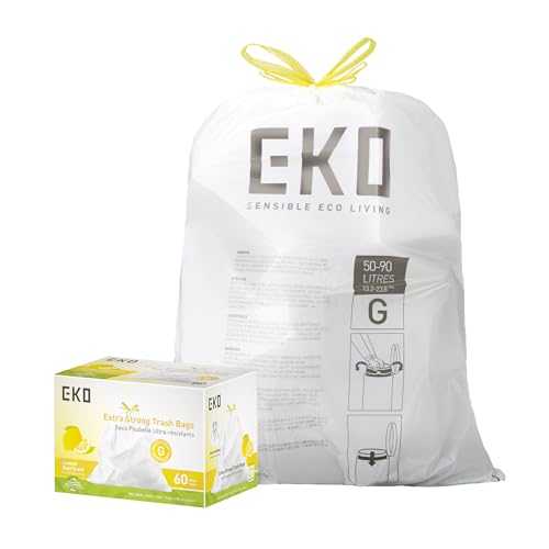 Image of EKO 21 Gallon / 50-90 Liter, 60 Count Drawstring Trash Bags, Extra-Strong Garbage Bags, Lemon Zest Scent with Continuous Odor Control, Easy-Dispense Roll for Kitchen and Household Use, Code G, White