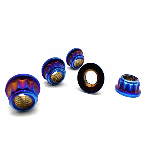 RISON-Titanium Titan Mutter M8x1.25mm, Bi-Hex Kettenradmutter M8 Titan Muttern 12PT Flansch Kontermutter gebrannt Blau Metall Sicherungsmuttern, 5 Stück