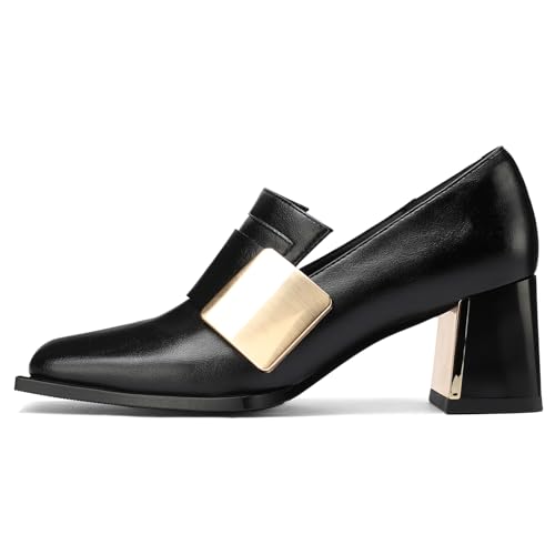 Image of Loafers for Women Patent Leather Buckle Square Toe Chunky Block Dress Slip On Wide Casual Comfortable Dressy High Heels Ladies Comfort Moccasins Elegantes 2 Inch Shoes