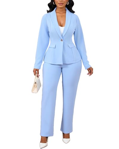 Blazers for Women Pant Suit Formal Outfits Straight Leg Pantsuit Professional Casual Office Work Clothes Light Blue XL