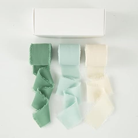 3 Rolls Fringe Chiffon Ribbon 1.5" x 7 Yd Handmade Chiffon Silk Ribbons Set for Wedding Invitations, Bridal Bouquets, Gifts Wrapping, DIY Crafts (Cream & Green) Cover
