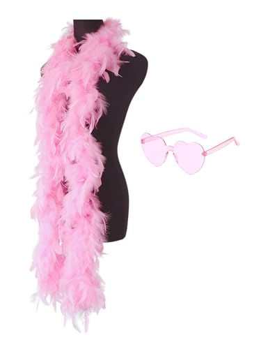 JICASTO Colorful Feather Boas, 6.6ft Feather Boa for Women for Dancing Wedding Party Halloween,with Heart Sunglasses