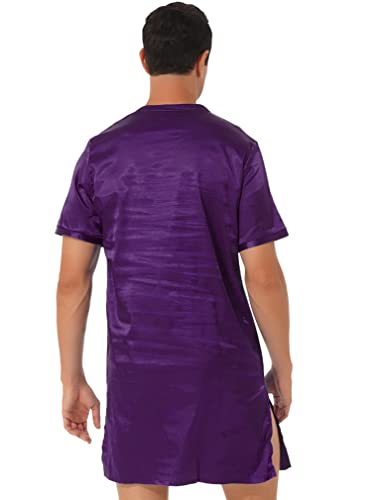 easyforever Men's Satin Nightshirts V Neck Short Sleeve Pajamas Sides Split Tops Sleepwear Spa Bathrobe Shirt2
