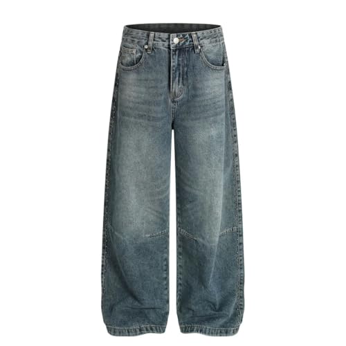 Men’s Retro Pocket Jeans with Rivets, Washed Distressed, Casual Loose Fit Wide Leg Denim Pants