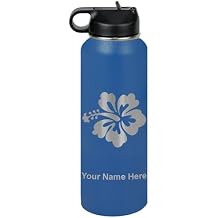 LaserGram Personalized Water Bottle, Hibiscus Flower 1, Stainless Steel Double Wall Vacuum Insulated with Flip Top Straw, Custom Engraved Gift 40oz / 1180ml Dark Blue