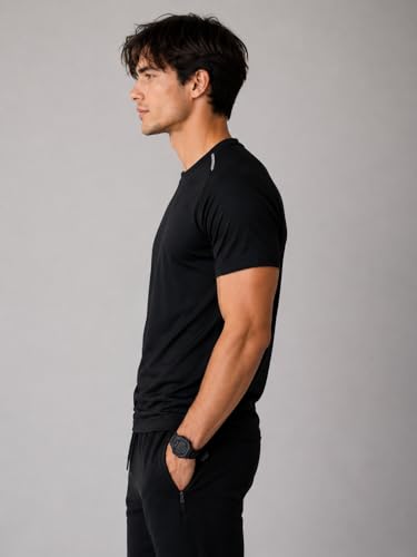 Image of Men's Black Performance T-Shirt, Quick Dry, Breathable, 2-Way Stretch, Reflective Detailing, for Running & Gym