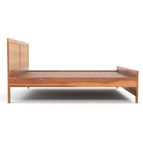 Image of Sheesham Wood Cane Bed Without Storage for Bedroom | Queen Size Wooden Double Bed Palang with Rattan Headboard & Footboard (Honey Finish)