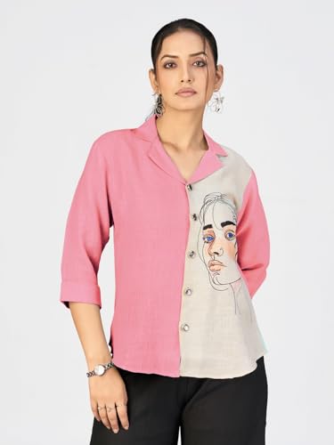 Image of Makhhi Wear Trendy Women's Sea Green & Beige Sketch Embroidered Casual Shirt for Women