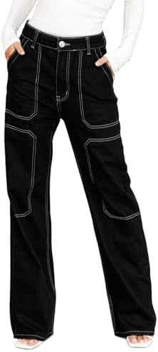 Dokotoo Womens Casual Mid Waist Cargo Jeans for Women Straight Wide Leg Denim Pants Black Size 6