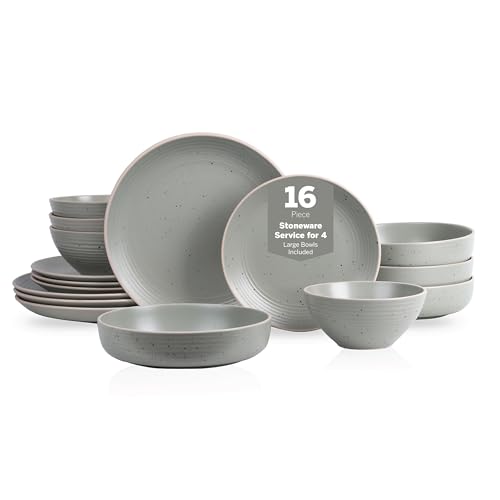 Image of Stone Lain Lauren Stoneware, Rustic Plates and Bowls Set, Dinnerware, Service for 4, Speckled Green, Dishwasher & Microwave Safe, 16-Piece