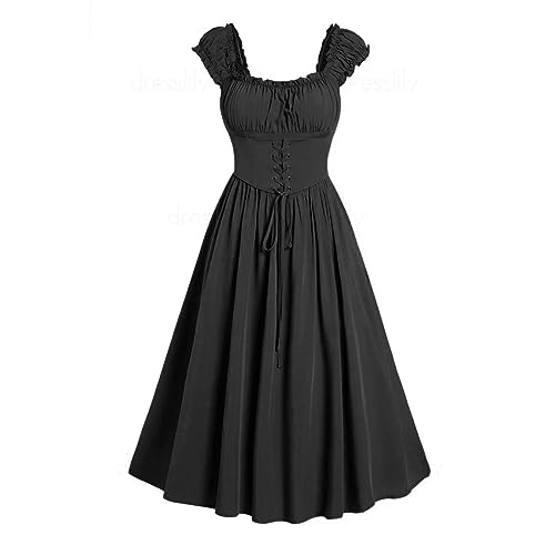 Gothic Kleid Damen Elegante Ärmellos Partykleid Vintage Halloween Kostüm Retro Renaissance Mittelalter Kleider mit Korsett Abendkleid Hohe Taille...