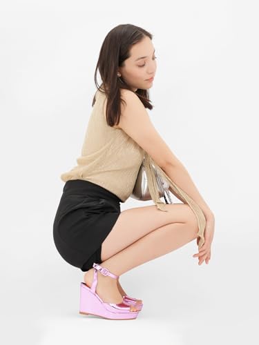 Image of Women's Dressy Platform Wedge Sandals Gold Wedges Peep Toe Patent High Heels Slingback Heeled Comfortable Ankle Strap Shoes