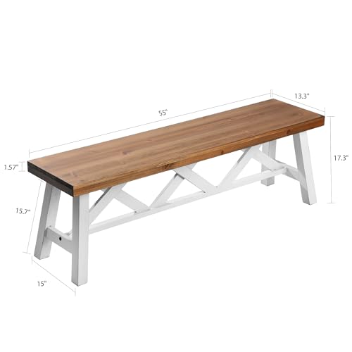 Wnutrees 54" Farmhouse Wood Bench, Rustic Solid Wood Entryway Bench Seat with Double X-Structure for Dining Room, Living Room, Hallway, Structural Stability, White
