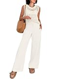 ANRABESS Women 2 Piece Summer Outfits 2026 Crochet Sweater Vest Wide Leg Pants Lounge Matching Sets Travel Vacation Clothes Creamy White Small