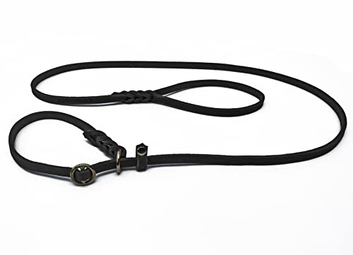 Fettleder Moxonleine Retrieverleine aus Leder schwarz mit Zugstop, Messing (150cm x 8mm)