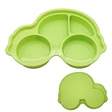 HSU’S Silikon-Kinderteller mit 4 Fächern und Kleinem Autonäpfchen, Grün, Platinsilikon, 29x22cm