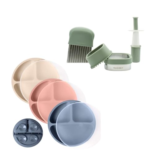 Image of WeeSprout Complete Baby Feeding Bundle - Professional Food Prep Tools & Divided Suction Plates With Lids (3-Pack) - Crinkle, Grape & Sandwich Cutters - Development Specialist-Designed for Mealtime