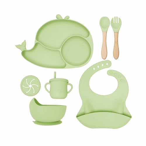 Image of Kids Station Whale Design 8-Piece Silicone Feeding Set for Babies | BPA-Free, Suction Bowl, Plate, Spoon, Fork, Bib, Cup & Straw - Dishwasher Safe | Ideal for Infants & Toddlers (Pack of 8, Green)