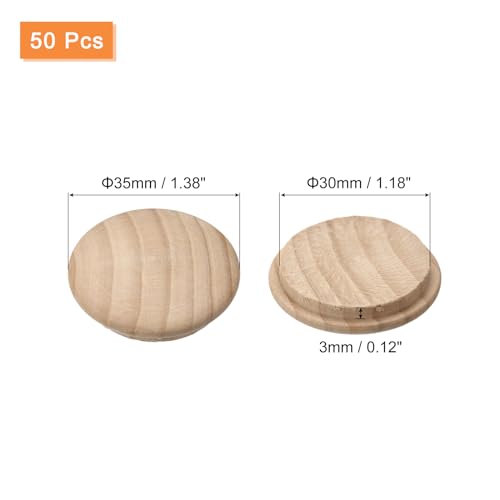 Image of uxcell Wood Plugs, 50Pcs 35 x 30 mm - Beech Wood Button Top Plugs, Screw Hole Covers, Decorative Wooden Cover for Stair Chair Craft Furniture Woodworking