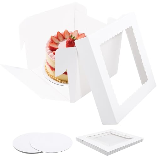 LUOJINYI Juego de cajas para tartas, 25,5 x 25,5 x 20,5 cm, caja con ventana, 4 unidades de cartón, altas