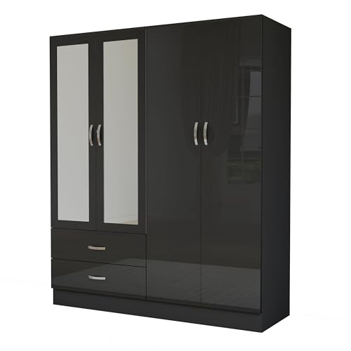 Nera High Gloss 4 Door Wooden Wardrobe with Mirror and Drawers for Bedrooms Storage (Gloss Black(Matt Black))