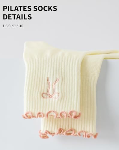 Image of Yawlsow Cute Pilates Grip Socks for Women Ruffle Frilly Yoga Socks Non Slip Cotton Crew Grippy Sock for Barre Workout