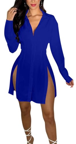 Image of Shirt Dress for Women Sexy Button Down Date Night Dresses Ruched Slit Stand Collar Long Sleeve Blouses